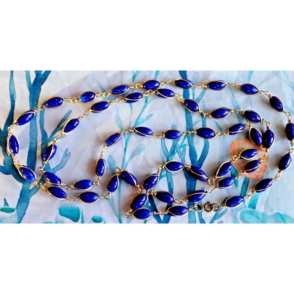 Lapis Lazuli Bead Copper Wire Wrapped Chain Link Long Single Strand Necklace 48" - Picture 10 of 14